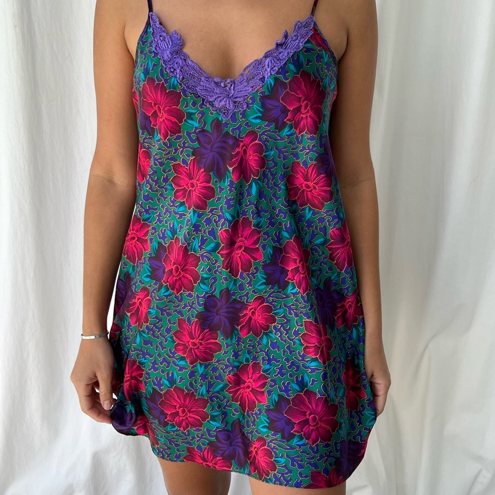 Vintage Floral Satin Lace Trimmed Night Dress